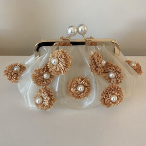 ZARA raffia Floral Pearl-Embellished Clutch semi sheer purse silver tone strap